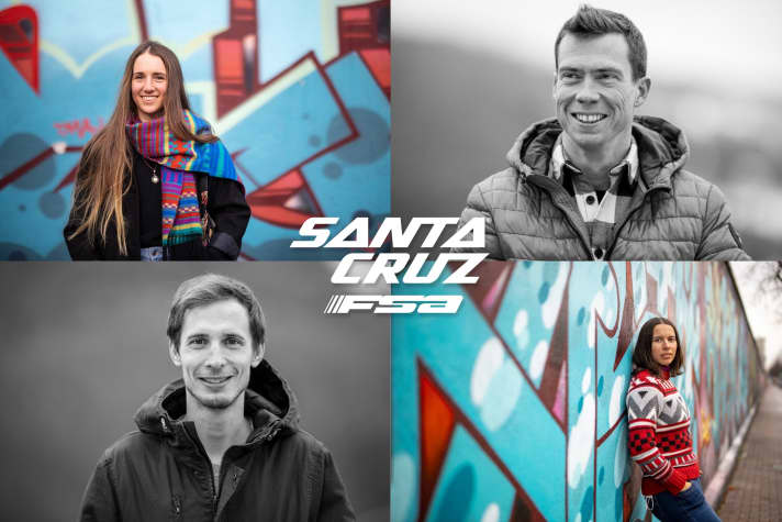   Mit diesem Team will Santa Cruz FSA im XC-Worldcup vorne mitfahren: Maxime Marotte (rechts oben) und Luca Braidot (links unten) bei den Herren, dazu die jungen Italienerinnen Martina Berta (rechts unten) und Greta Seiwald.