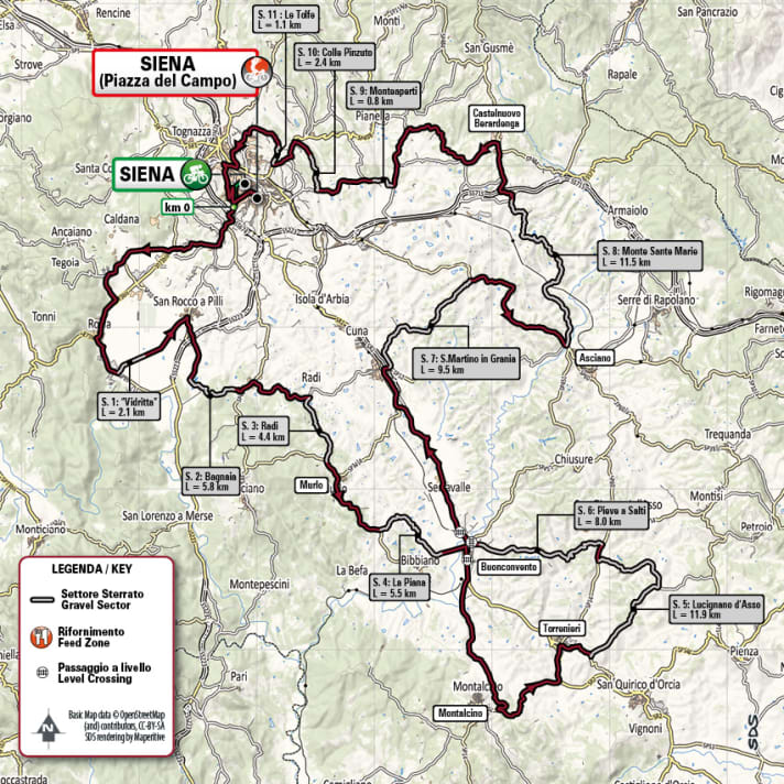 Die Männer-Strecke des Strade Bianche 2022 in der Übersichtskarte. Grau markiert sind die Gravel-Sektoren.