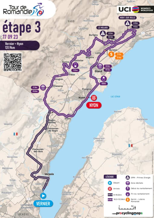 131,9 Kilometer von Vernier nach Nyon mit einem Rundkurs am Ende, der dreimal gefahren wird.