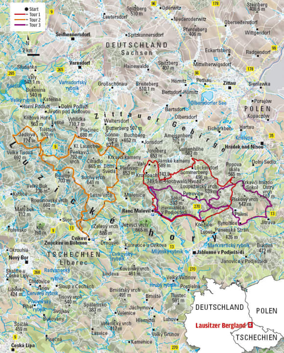 Overzichtskaart van de 3 MTB-tochten in het Zittaugebergte