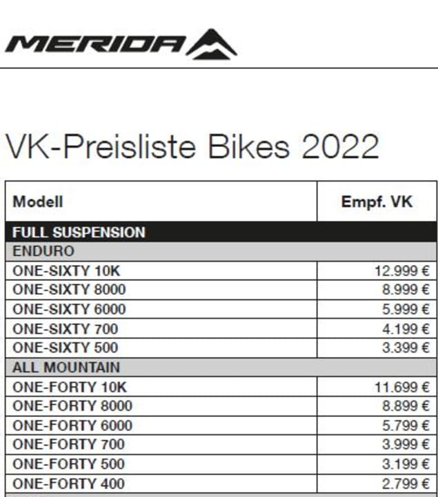 Preisliste Merida One-Sixty & Merida One-Forty