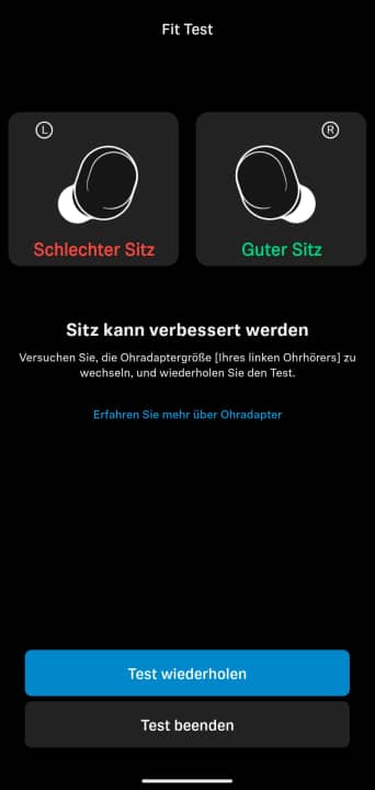In der Smart Control App von Sennheiser lässt sich der Sitz der Kopfhörer analysieren - und es gibt Tipps, wie der Sitz verbessert werden kann.