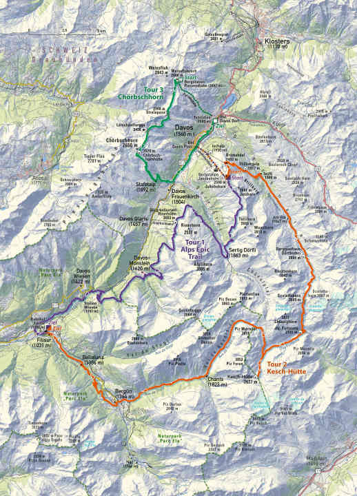 Alle vier Touren-Tage rund um Davos Klosters auf einen Blick. Für die gebauten Freeride-Abfahrten von Klosters sollte man noch mal zwei Tage einplanen.