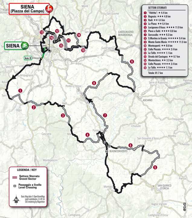 Strade Bianche 2025: Die Strecke des Männerrennens mit Sektoren auf der Karte