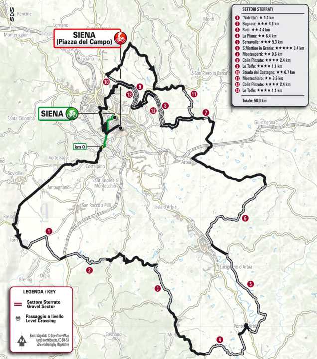 Strade Bianche 2025: Die Strecke des Frauenrennens mit Sektoren auf der Karte